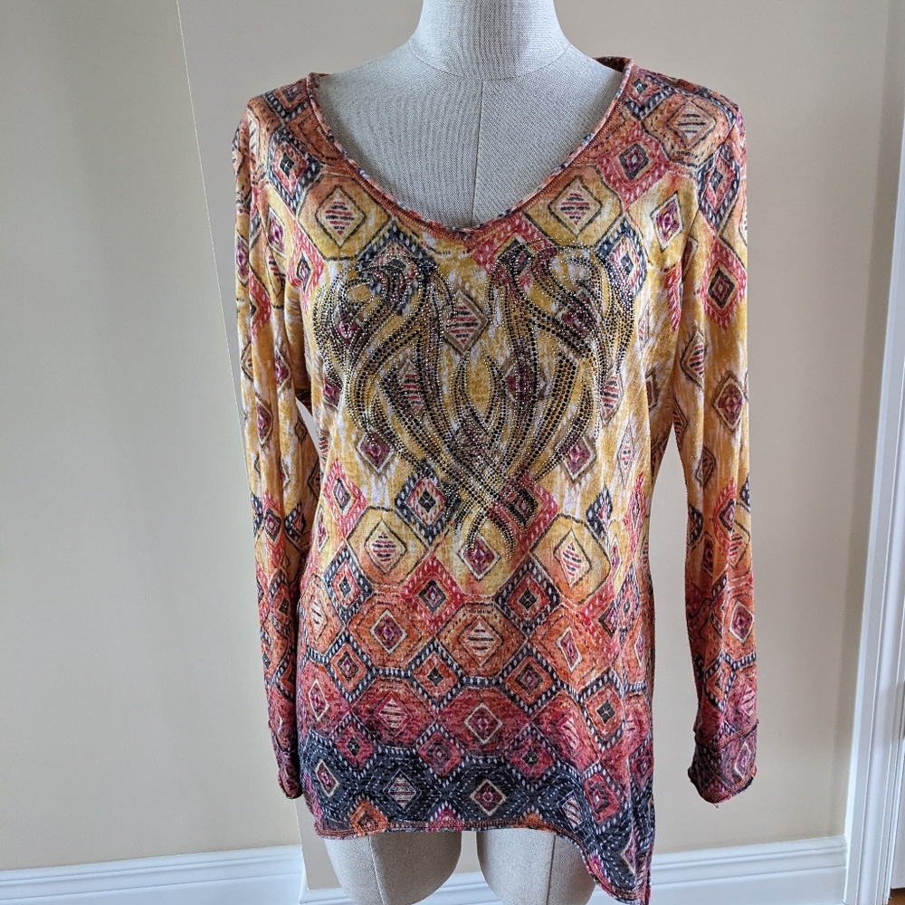 V Cristina top bling long sleeve v neck shirt geometric pattern lightwei…